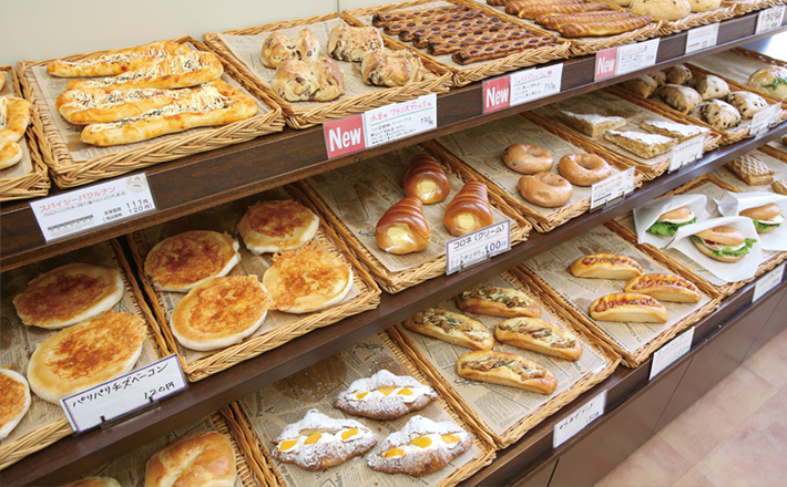 Freshly-baked breads in bakery in the canteen