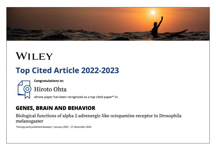 太田教授の論文がGenes, Brain and Behavior誌のTop Cited Article 2022-2023に選ばれました