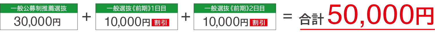 推薦選抜30,000円+一般選抜前期日程1日目10,000円（割引）+2日目10,000円（割引）=合計50,000円